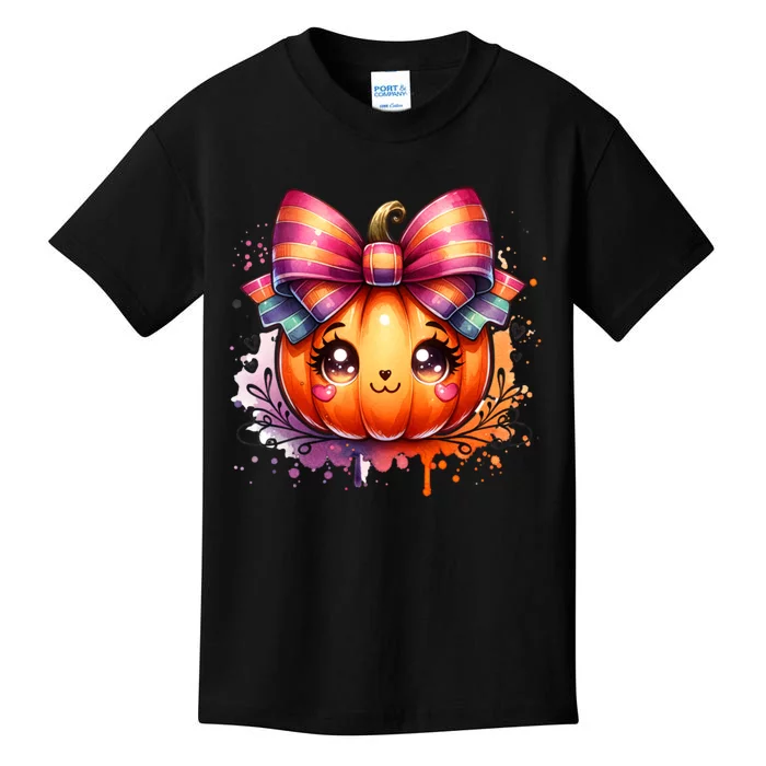 Cute Coquette Bows Pumpkin Season Halloween Autumn Fall Kids T-Shirt