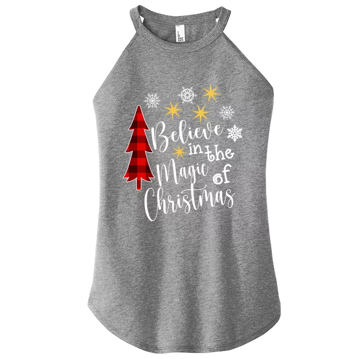 Cute Casual Believe In Magic Of Christmas Tree Buffalo Plaid Great Gift Women’s Perfect Tri Rocker Tank