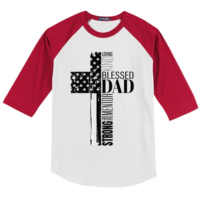 Cool Christian Blessed Dad Cross American Flag Fathers Day Kids Colorblock Raglan Jersey