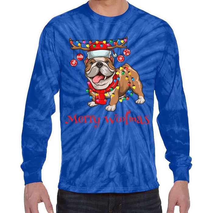 Christmas Cute Bulldog Dog Holiday Lights Merry Woofmas Gift Tie-Dye Long Sleeve Shirt