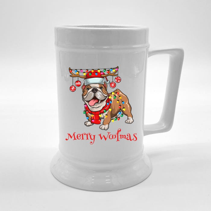 Christmas Cute Bulldog Dog Holiday Lights Merry Woofmas Gift Front & Back Beer Stein