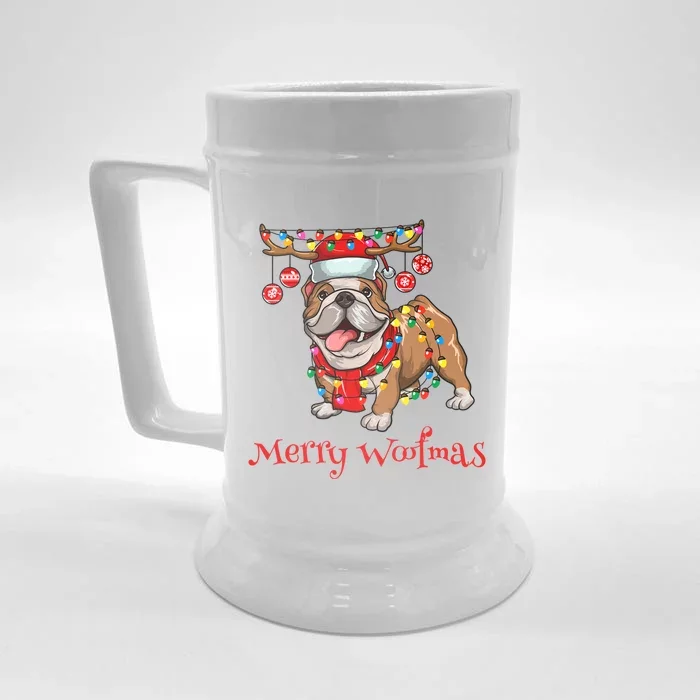 Christmas Cute Bulldog Dog Holiday Lights Merry Woofmas Gift Front & Back Beer Stein