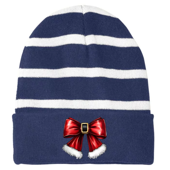 Christmas Coquette Bow Xmas Santa Bow Striped Beanie with Solid Band