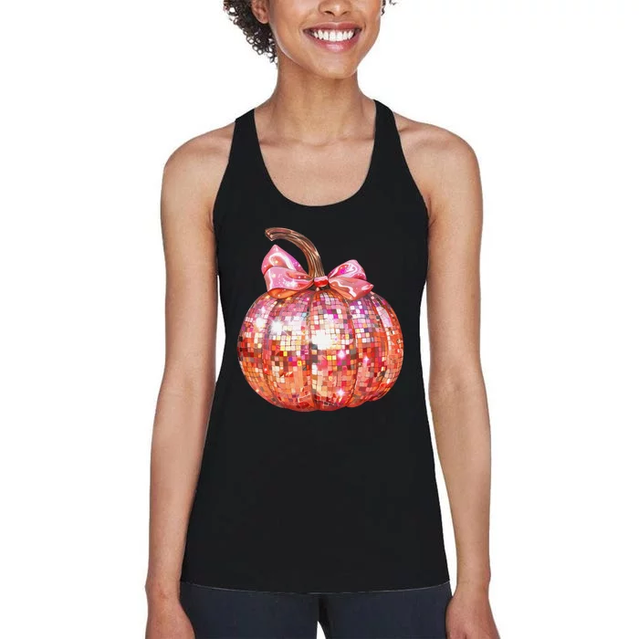 Cute Coquette Bow Disco Pumpkin Fall Autumn Funny Halloween Women's Racerback Tank