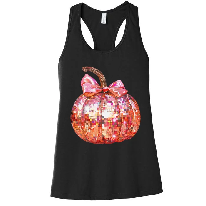 Cute Coquette Bow Disco Pumpkin Fall Autumn Funny Halloween Women's Racerback Tank