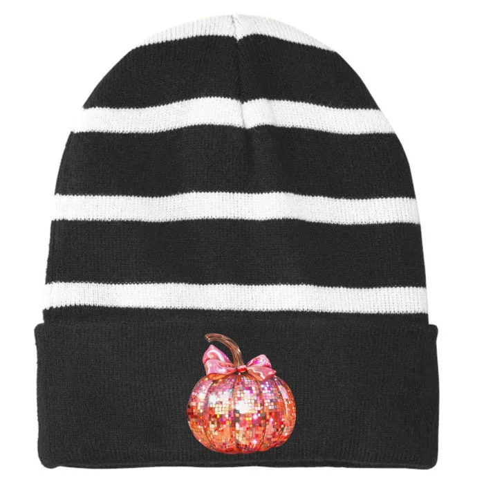 Cute Coquette Bow Disco Pumpkin Fall Autumn Funny Halloween Striped Beanie with Solid Band