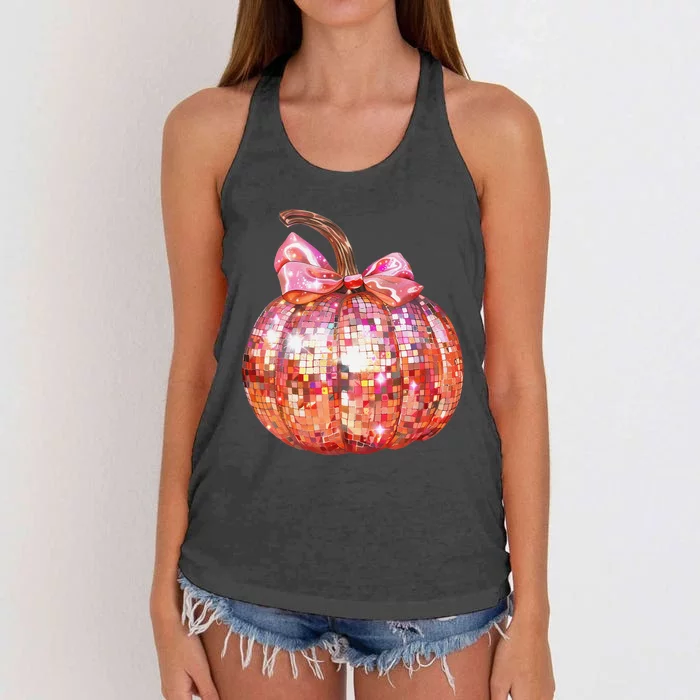 Cute Coquette Bow Disco Pumpkin Fall Autumn Funny Halloween Women's Knotted Racerback Tank