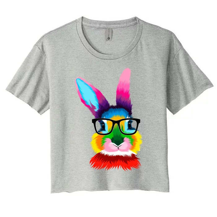 Cute Colorful Bunny Rabbit Head Glasses Happy Easter Day Gift Women's Crop Top Tee