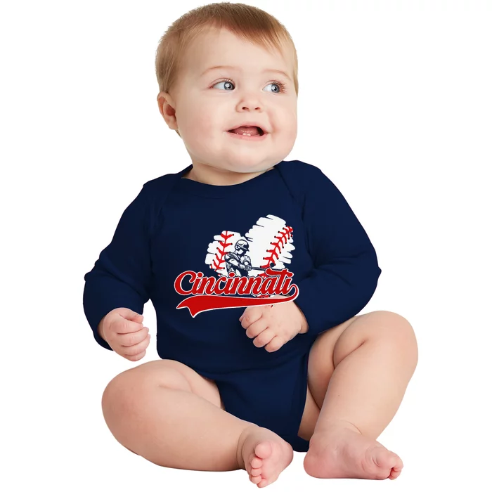 Cincinnati Cities Baseball Heart Baseball Fans Baby Long Sleeve Bodysuit