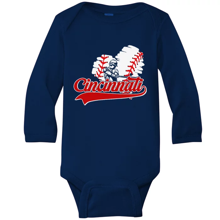 Cincinnati Cities Baseball Heart Baseball Fans Baby Long Sleeve Bodysuit