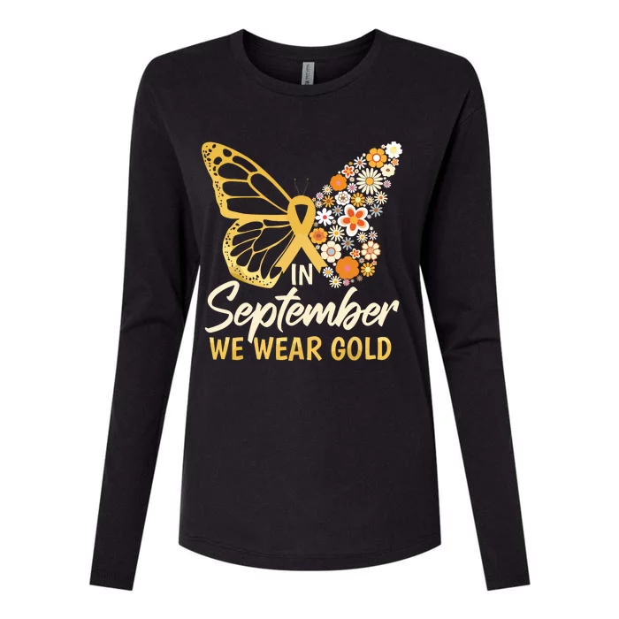 Childhood Cancer Butterfly In September We Wear Gold Womens Cotton Relaxed Long Sleeve T-Shirt