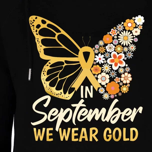 Childhood Cancer Butterfly In September We Wear Gold Womens Funnel Neck Pullover Hood