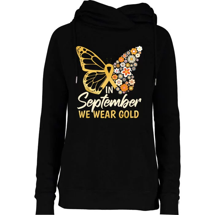 Childhood Cancer Butterfly In September We Wear Gold Womens Funnel Neck Pullover Hood