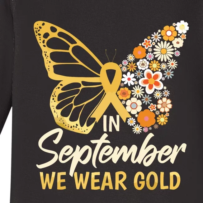 Childhood Cancer Butterfly In September We Wear Gold Baby Long Sleeve Bodysuit