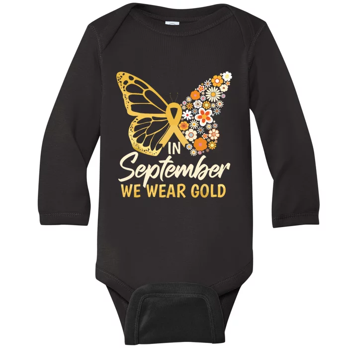 Childhood Cancer Butterfly In September We Wear Gold Baby Long Sleeve Bodysuit