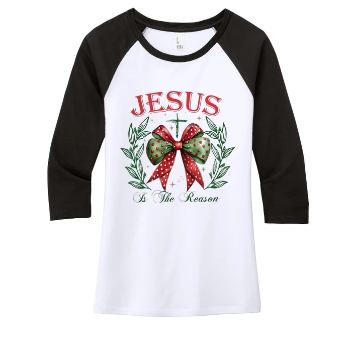 Christmas Coquette Bow Jesus Is The Reason For The Season Women's Tri-Blend 3/4-Sleeve Raglan Shirt