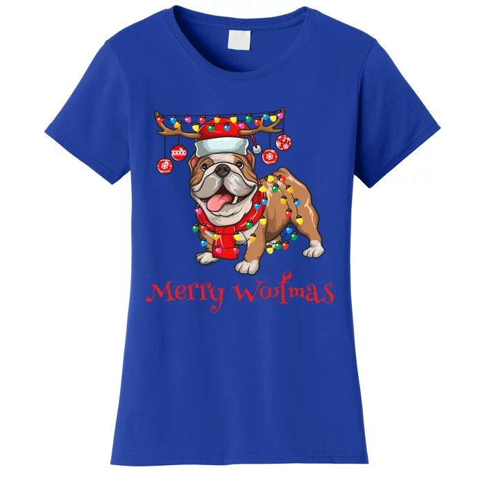 Christmas Cute Bulldog Dog Holiday Lights Merry Woofmas Gift Women's T-Shirt