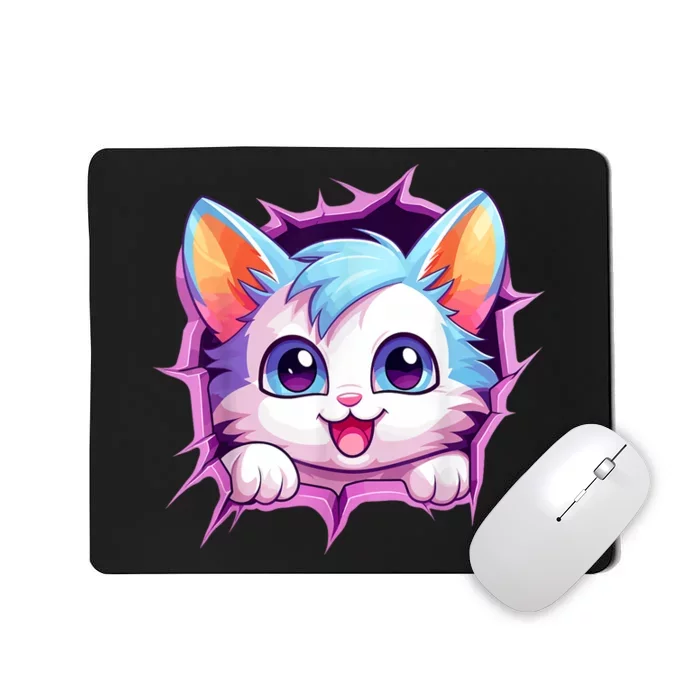 Cute Cat Breaking Through Colorful Kitten Graphic Funny Mousepad