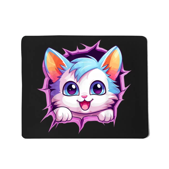 Cute Cat Breaking Through Colorful Kitten Graphic Funny Mousepad