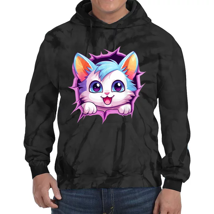 Cute Cat Breaking Through Colorful Kitten Graphic Funny Tie Dye Hoodie