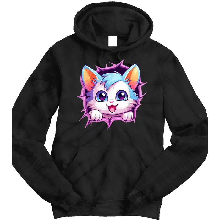 Cute Cat Breaking Through Colorful Kitten Graphic Funny Tie Dye Hoodie