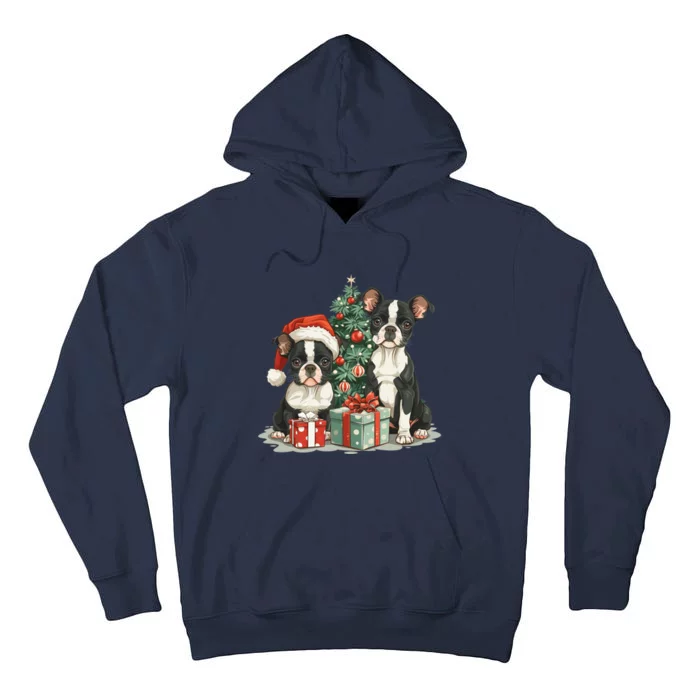 Cute Christmas Boston Terrier Dogs Santa Hat Christmas Tree Tall Hoodie