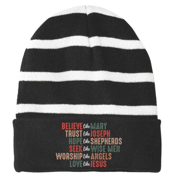 Christian Christmas Believe Like Mary Striped Beanie with Solid Band