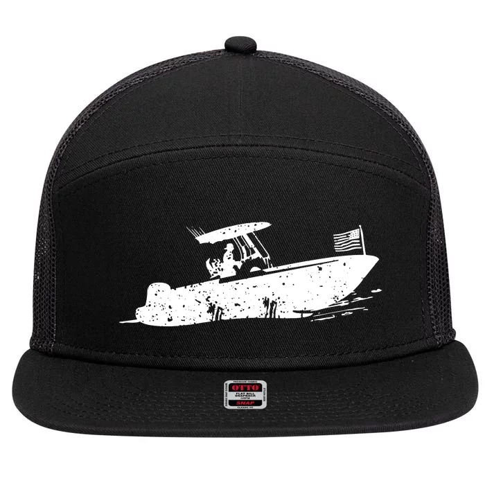 Center Console Boat, American Flag, Motorboat, Fishing Boat 7 Panel Mesh Trucker Snapback Hat