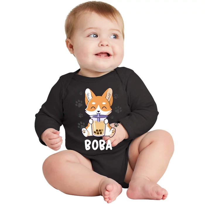 Cute Corgi Boba Bubble Tea Baby Long Sleeve Bodysuit