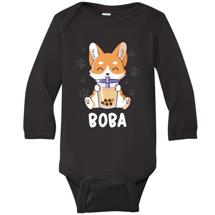 Cute Corgi Boba Bubble Tea Baby Long Sleeve Bodysuit