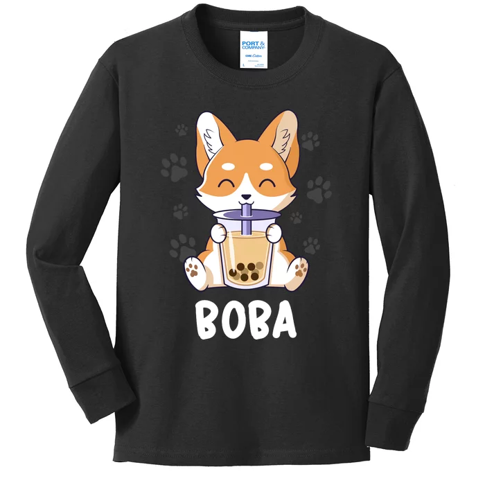 Cute Corgi Boba Bubble Tea Kids Long Sleeve Shirt