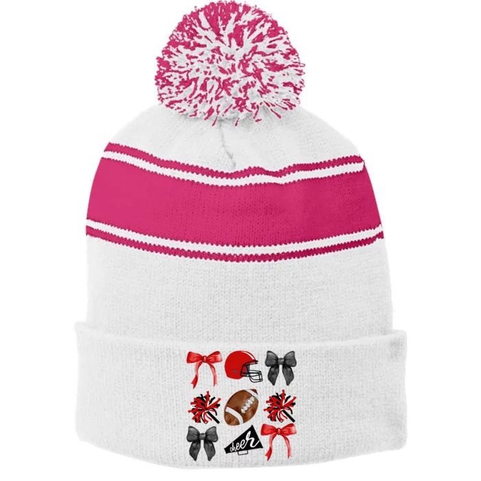 Cheer Coquette Bow American Football Autumn Thanksgiving Stripe Pom Pom Beanie