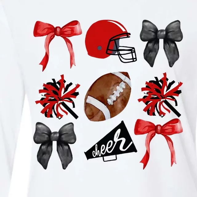 Cheer Coquette Bow American Football Autumn Thanksgiving Womens Cotton Relaxed Long Sleeve T-Shirt