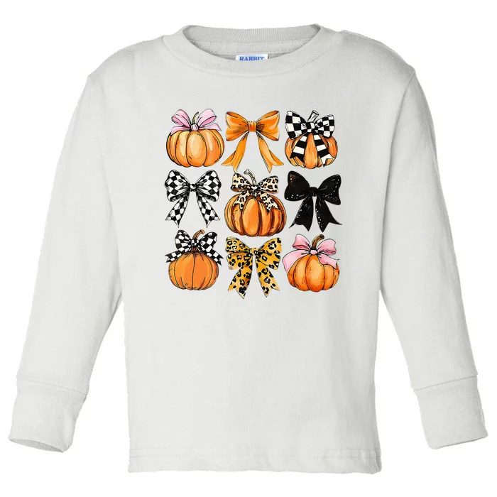 Cute Coquette Bows Pumpkin Season Halloween Autumn Fall Toddler Long Sleeve Shirt