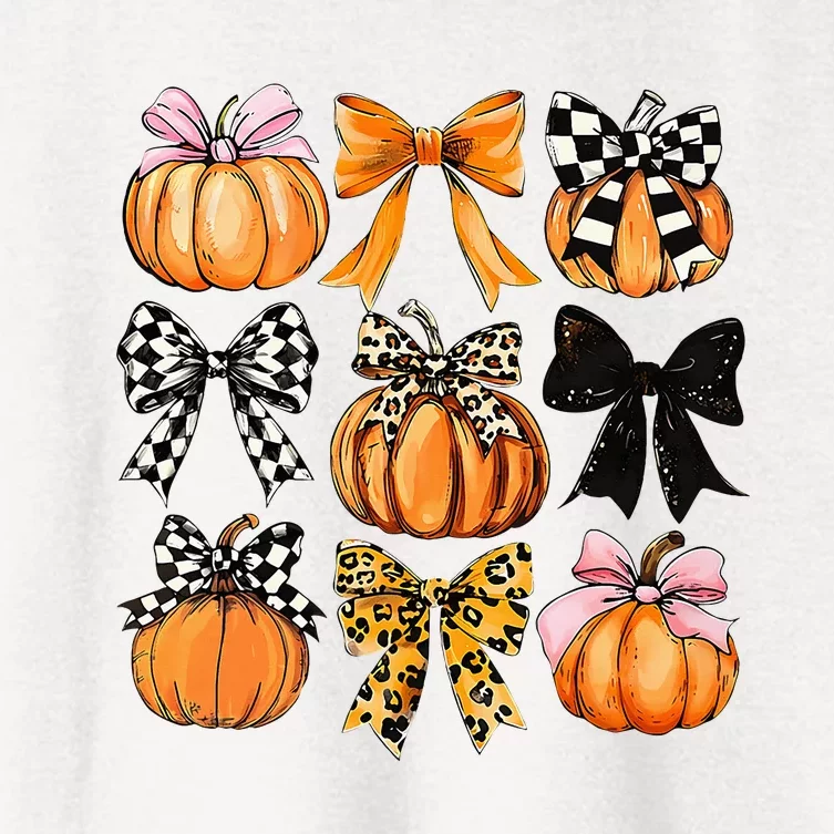 Cute Coquette Bows Pumpkin Season Halloween Autumn Fall Women's Crop Top Tee