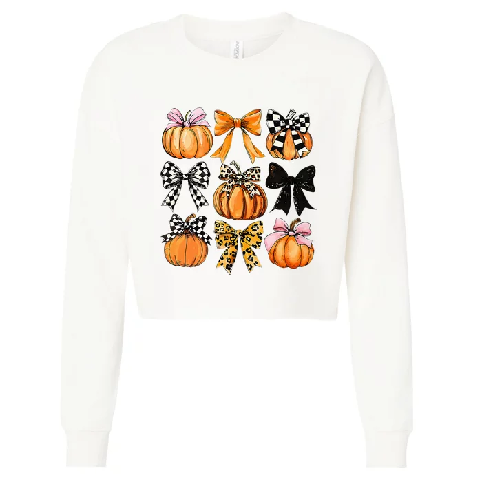 Cute Coquette Bows Pumpkin Season Halloween Autumn Fall Cropped Pullover Crew