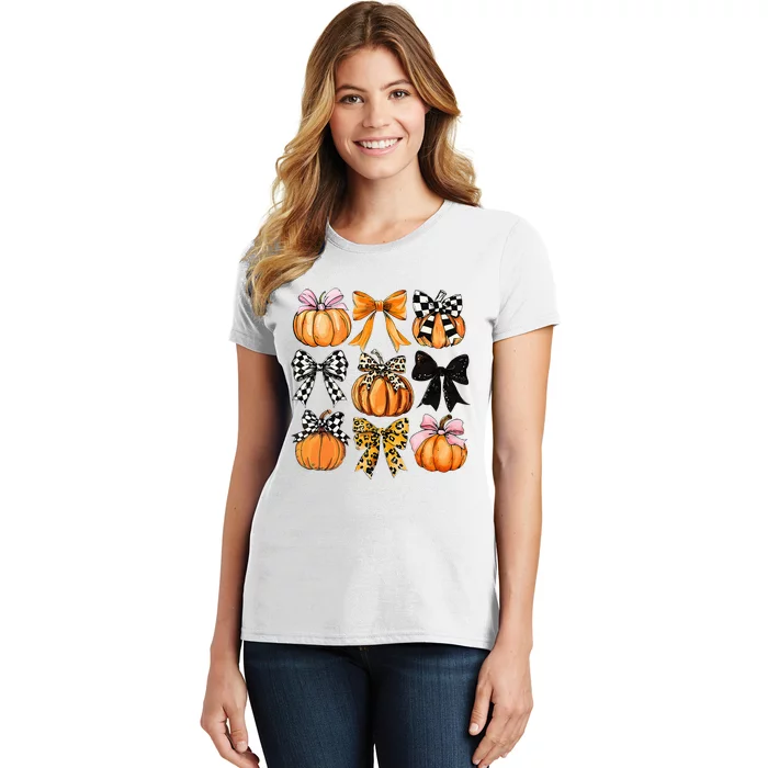 Cute Coquette Bows Pumpkin Season Halloween Autumn Fall Women's T-Shirt