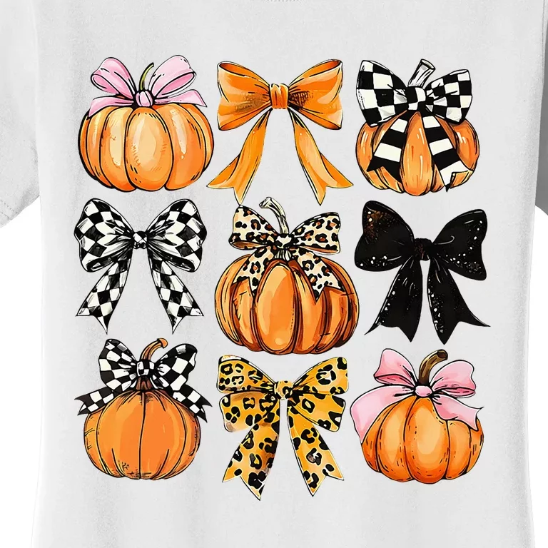 Cute Coquette Bows Pumpkin Season Halloween Autumn Fall Women's T-Shirt