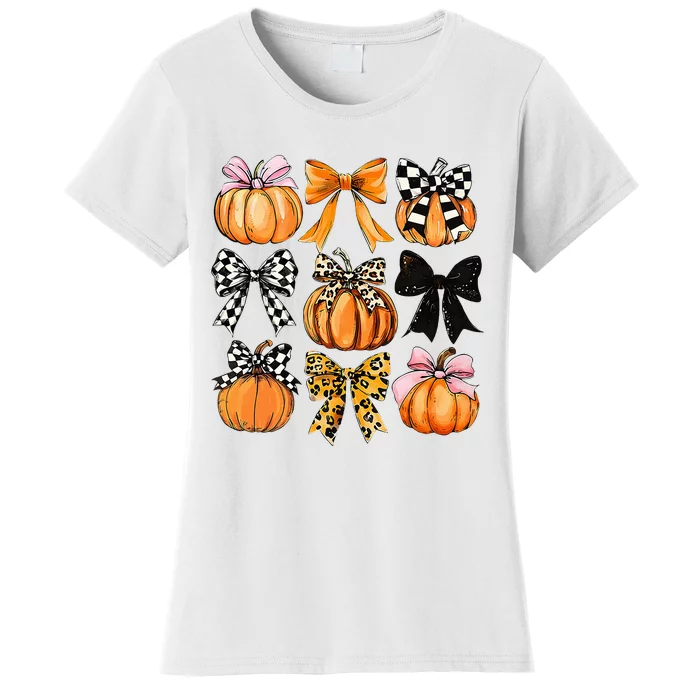 Cute Coquette Bows Pumpkin Season Halloween Autumn Fall Women's T-Shirt