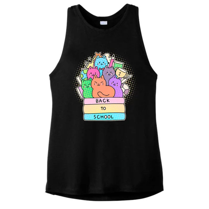 Cute Colorful Back to School Book Cats Ladies Tri-Blend Wicking Tank