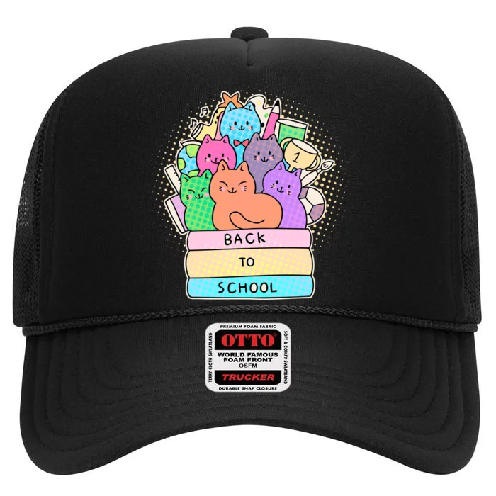 Cute Colorful Back to School Book Cats High Crown Mesh Trucker Hat