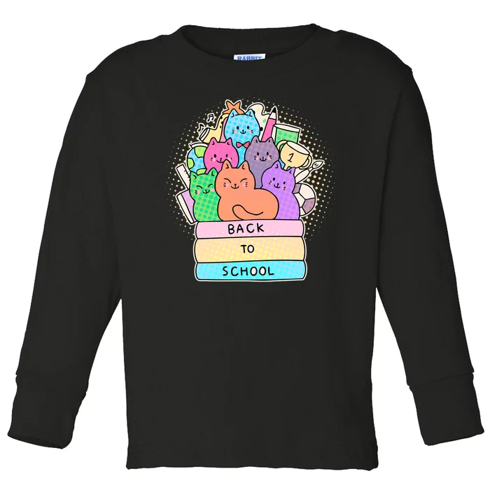 Cute Colorful Back to School Book Cats Toddler Long Sleeve Shirt