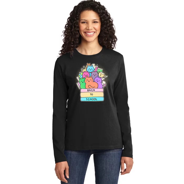 Cute Colorful Back to School Book Cats Ladies Long Sleeve Shirt