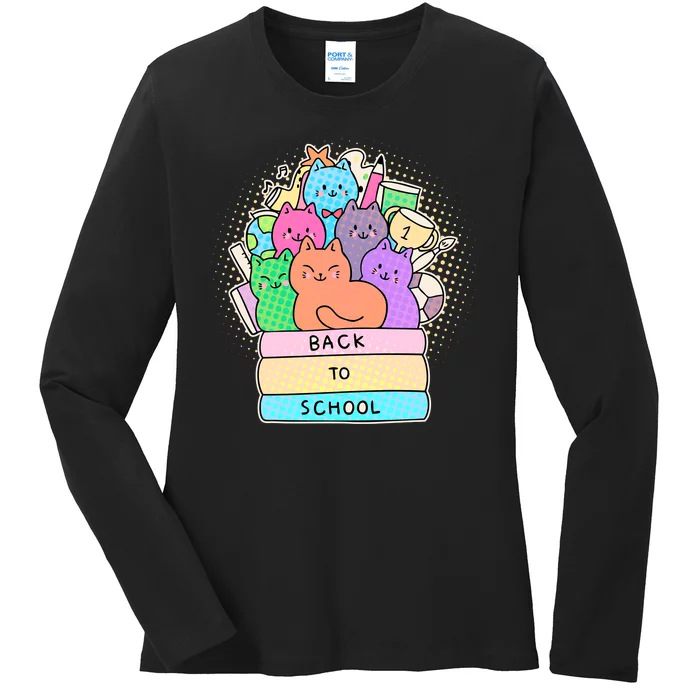 Cute Colorful Back to School Book Cats Ladies Long Sleeve Shirt