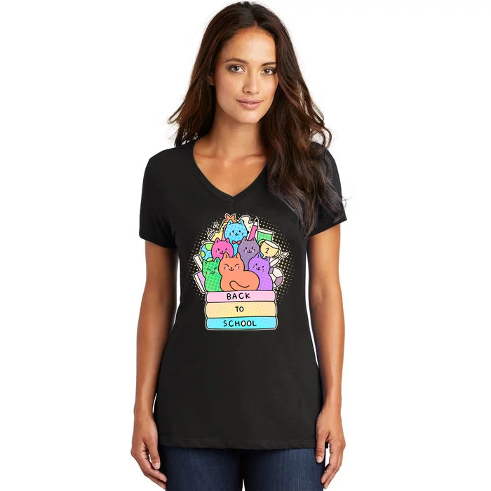 Cute Colorful Back to School Book Cats Women's V-Neck T-Shirt