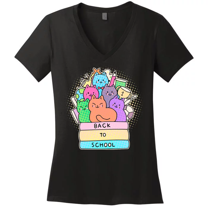 Cute Colorful Back to School Book Cats Women's V-Neck T-Shirt