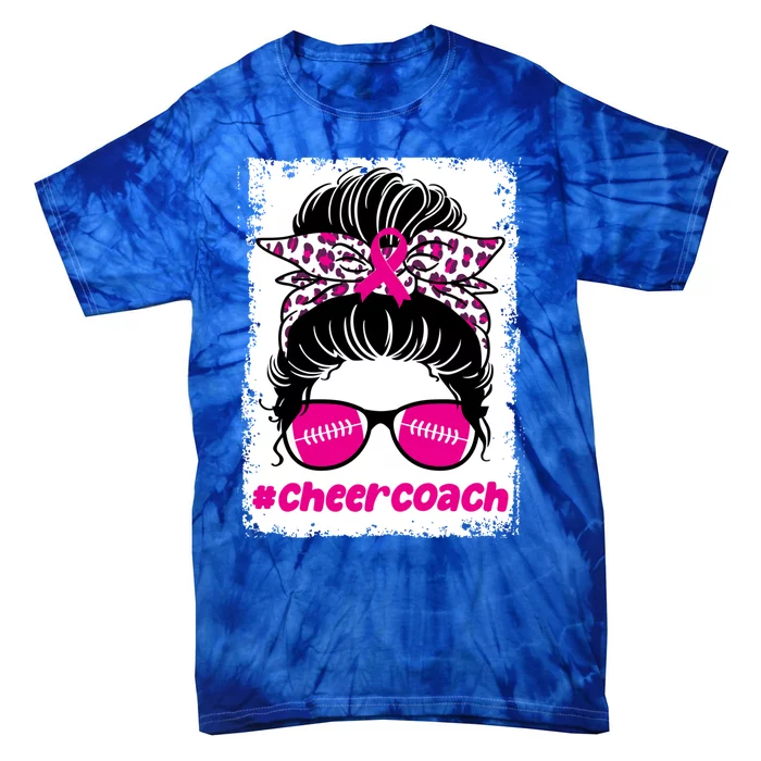 Cheer Coach Breast Cancer Month Football Messy Bun Bleached Cool Gift Tie-Dye T-Shirt