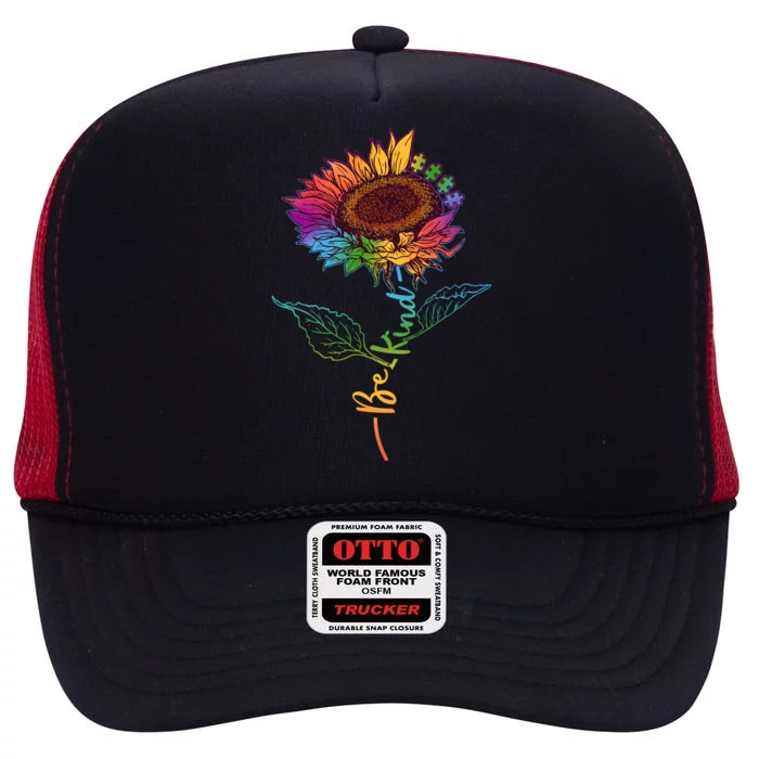 Cute Colorful Be Kind Rainbow Sunflower Puzzle Pieces High Crown Mesh Trucker Hat