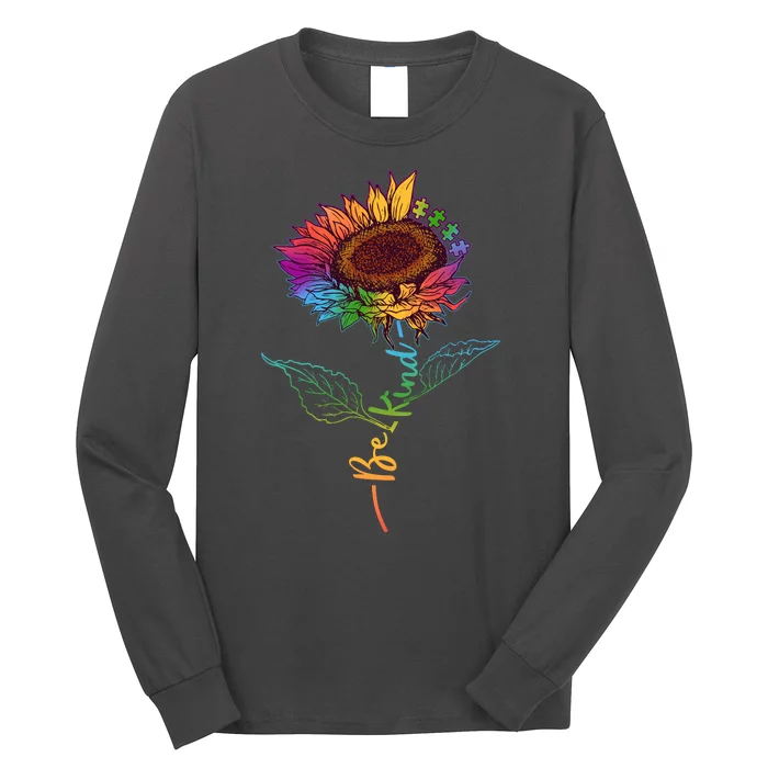 Cute Colorful Be Kind Rainbow Sunflower Puzzle Pieces Long Sleeve Shirt