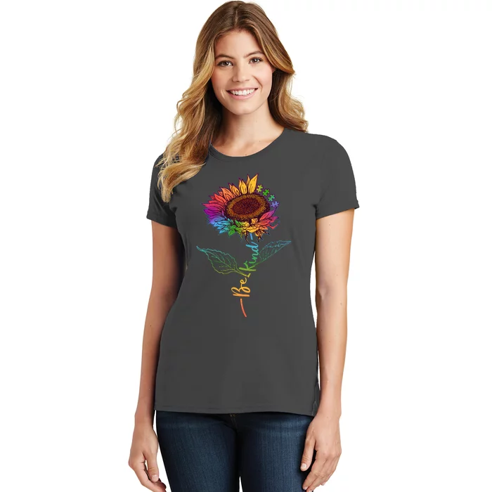 Cute Colorful Be Kind Rainbow Sunflower Puzzle Pieces Women's T-Shirt